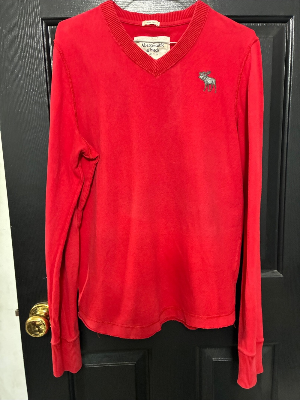 Abercrombie & Fitch Men’s Red V-Neck Long Sleeve Sweater with Moose Logo